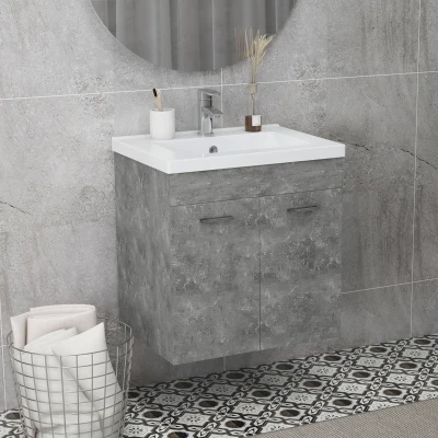 kleankin Mueble de Baño con Lavabo Cerámico Armario Bajo de Lavabo de Pared con 2 Puertas Estante Ajustable 60x45,5x60 cm Gris