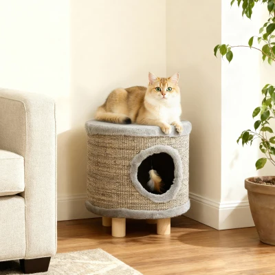 PawHut Casa para Gatos 3 en 1 Taburete Reposapiés Cama para Gatos con Rascador Patas de Madera Pluma 36x36x38 cm Gris