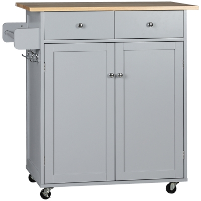 HOMCOM Rolling Kitchen Island Utility Cart Grey Rubber Wood