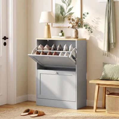 HOMCOM Schuhschrank für 12 Paar, Eingangsmöbel mit 2 Klappfächern und verstellbaren Einlegeböden, 60 x 23,5 x 80 cm, Grau