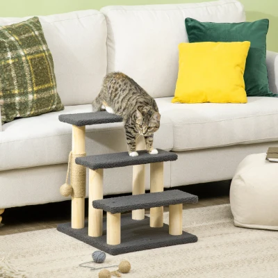 PawHut kattentrap, kattenboom, drie treden, speelbal, grijs+houtkleuren, 45 x 40 x 48 cm
