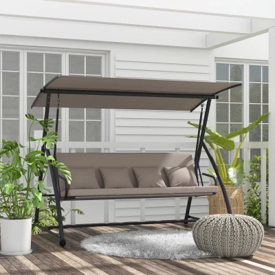 Outsunny 2-in-1 Hollywood schommel met Ligfunctie, 3-zits Tuinschommel van Staal 170x110x153cm, Lichtbruin