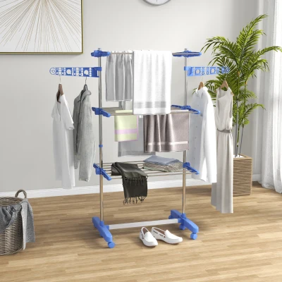 HOMCOM Opvouwbare Wasrek met 4 niveaus en One-Klick-systeem - 142 cm x 55 cm x 152 cm - Blauw + Zilver