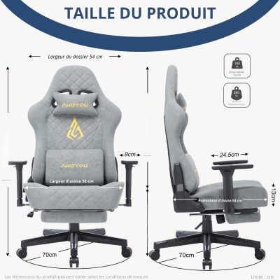 Fauteuil gamer ergonomique, Gris