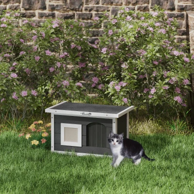 PawHut houten kattenhuis waterdicht met opklapbaar bitumendak, uitneembare krabmat, verhoogde bodem, kattenhol, kattenbox voor buiten in de tuin, 61x45x36,5 cm, grijs