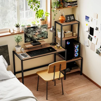 HOMCOM Computerbureau met monitorstandaard, 4-laags plank, industrieel design, bruin