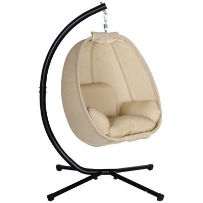 Outsunny Hangstoel, Ei-vormige Schommelzitting met Zacht Kussen, Geschikt voor Binnen en Buiten, 125L x 95B x 170H cm, Khaki