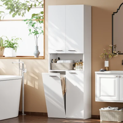 HOMCOM Mobile da Bagno con Cesto Biancheria 60x30x174 cm Bianco