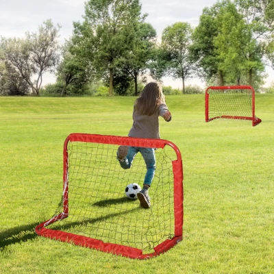 HOMCOM Mini Porterías de Fútbol Plegables Set de 2 Porterías de Exterior para Niños y Adultos 90x36x60 cm Rojo