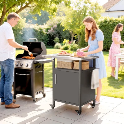 Outsunny Grill Cart Steel Top with Cabinet Brown