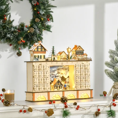 HOMCOM Calendario de Adviento para Llenar Calendario de Adviento de Madera con Luces y 24 Cajones 44x10x37 cm Natural