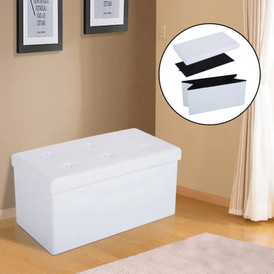 HOMCOM Folding Faux Leather Storage Ottoman Stool Cream White