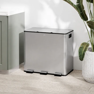 HOMCOM Poubelle 3x15L Compartiments Fermeture Douce Argent