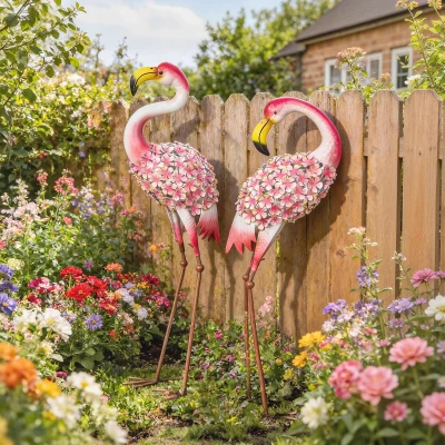 Outsunny Flamingo Tuinbeelden Set van 2, Bloemrijke Metalen Vogels, Staande Sculpturen met Grondankers, Rood