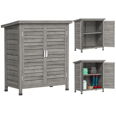 Outsunny Armário de Armazenamento de Madeira para Jardim com 2 Prateleiras Interiores 2 Portas e Teto Inclinado para Exterior Terraço 87x46,5x96,5cm Cinza