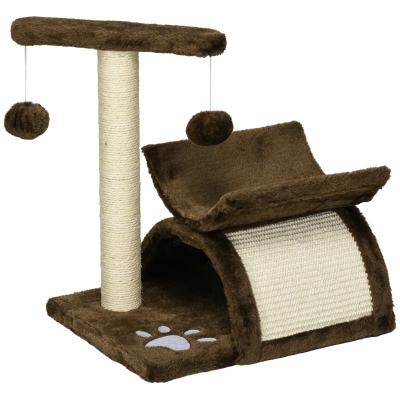 PawHut Kratzbaum 43 cm Kleiner Katzenbaum mit Tunnel, U-förmige Liegefläche, Katzenkratzbaum mit Kratzbrett, Spielball, Katzenmöbel für kleine Katzen, Braun