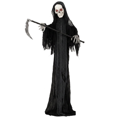 HOMCOM 183cm Life Size Animated Grim Reaper Halloween Decoration, Scary Halloween Animatronics Decor with Sound Touch Activated