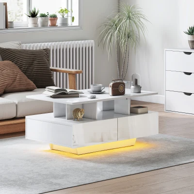 HOMCOM Mesa de Centro LED Moderna con 4 Cajones Estante Abierto y Luces LED de 16 Colores para Salón 90x55x41 cm Blanco Brillo