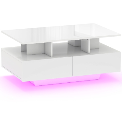 HOMCOM Mesa de Centro LED Moderna con 4 Cajones Estante Abierto y Luces LED de 16 Colores para Salón 90x55x41 cm Blanco Brillo