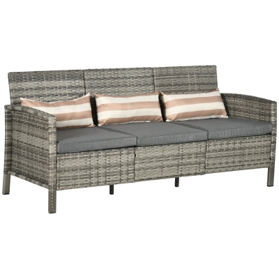Outsunny Rattan Sofa mit Kissen, Dreisitzer, Garten Loungesofa, Stahl, Grau, 173 x 68 x 78 cm