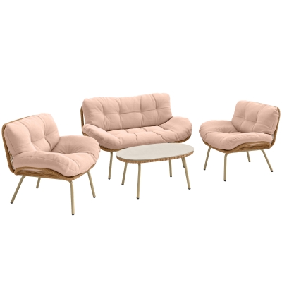 Outsunny Gartenmöbel Set 4-teilig Polyrattan Lounge-Set mit Zweisitzer 2 Sessel Tisch Tiefem Sitz Dicke Kissen