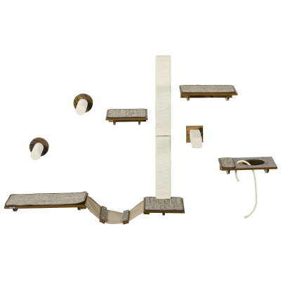 PawHut Kattentrap-Set, Klimwand, 8-delig, Tot 8 kg, Stevig, Bruin/Cremewit