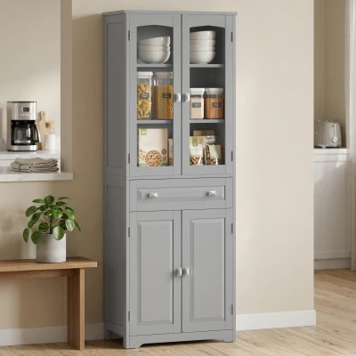 HOMCOM Kitchen Storage Cabinet Glass Door Drawer Grey