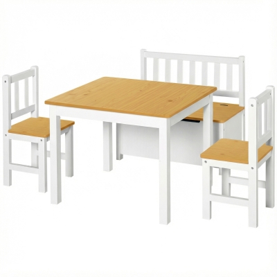 HOMCOM Mesa y Sillas Infantiles de 4 Piezas Mesa Infantil con 2 Sillas y Banco con Almacenaje Juego de Muebles para Actividades para Niños de +3 Años para Dormitorio Sala de Juegos Blanco y Natural