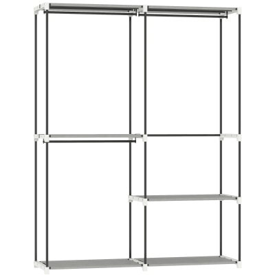 HOMCOM Armário de Roupa Aberto 142x43x185 cm Armário para Roupas com 4 Prateleiras de Tecido 3 Barras para Pendurar Cinzento
