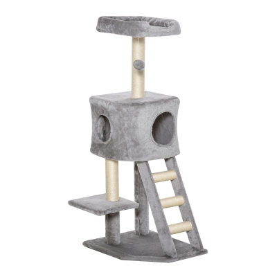 PawHut krabpaal kattenboom met kattengrot trap zacht kussen E1 MDF sisal lichtgrijs