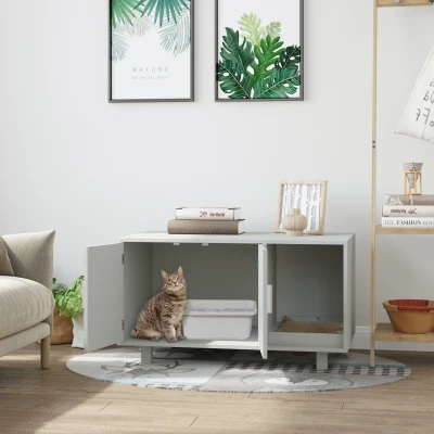 PawHut Wooden Cat Litter Box Enclosure Grey with Scratcher