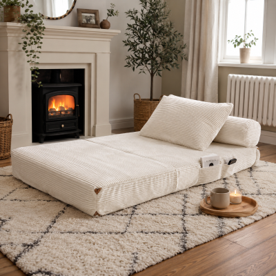 3-in-1 Convertible Corduroy Floor Sofa Bed with Side Pockets, 87L x 86W x 40H cm, White