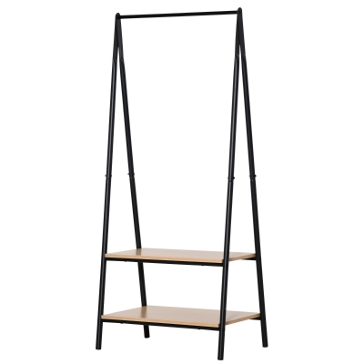 HOMCOM Gaderobenständer Kleiderständer Kleiderstange mit Schuhablage Wäscheständer Metall + Holz Schwarz + Natur 64 x 42,5 x 149 cm