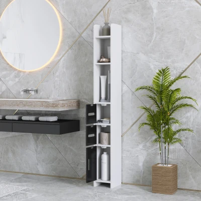 kleankin Coluna Casa de Banho com 3 Portas e 3 Prateleiras Abertas Coluna Auxiliar  Estilo Moderno 15x17x120 cm Branco e Preto