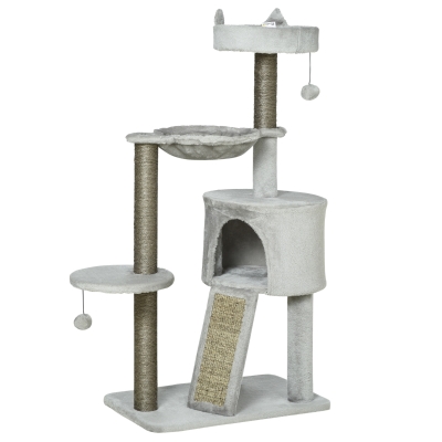 PawHut kattenboom inclusief kattengrot, kattenbed, kattenhangmat en speelgoed 60 cm x 40 cm x 113 cm, lichtgrijs