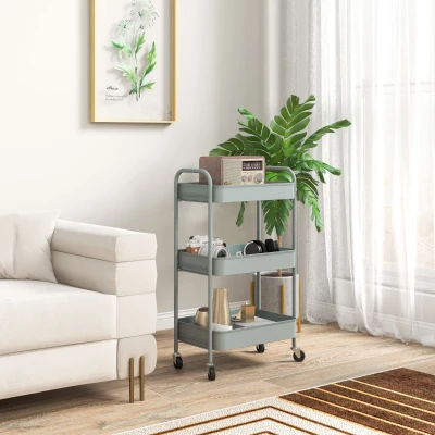 HOMCOM Multifunctionele Keukenkar, 3 Planken, 4 Wielen, 45 cm x 30,6 cm x 79 cm, Lichtblauw