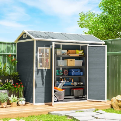 Outsunny Tuinschuur 2,77 m², Opbergschuur met Houtlook 2 Ramen Dubbele Deur Ventilatie Vloer Slot Handschoenen