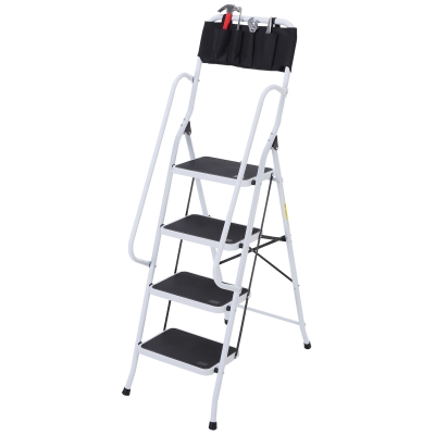 HOMCOM Trittleiter Haushaltsleiter Klappleiter, inkl. Werkzeughalterung, Geländer, 50 x 83 x 155 cm, Schwarz + Silber