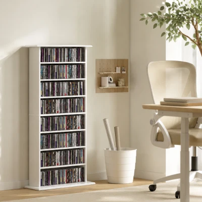 HOMCOM Wąska szafka multimedialna, 8 poziomów, 6 regulowanych półek, 8 przegródek, na 360 płyt CD, biały