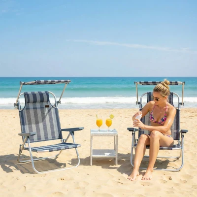 Outsunny Conjunto de 2 Cadeiras de Praia Dobráveis com Toldo Ajustável, Encosto Reclinável em 6 Posições e Apoio de Cabeça, Azul e Branco