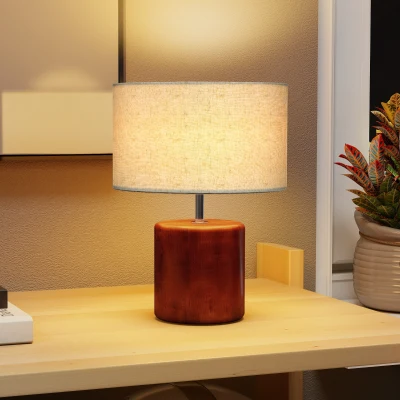 HOMCOM Lámpara de Mesa Rústica Lámpara de Mesita de Noche con Base de Madera Pantalla de Lino Interruptor Basculante Marrón