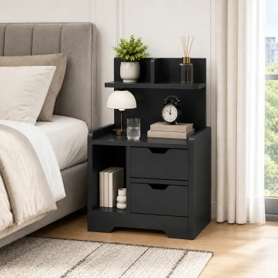 HOMCOM Bedside Cabinet 2-Drawer Wood Storage Black