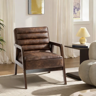 HOMCOM Poltrona Vintage Estofada em Couro Sintético com Almofada Espessa Estrutura em Madeira Maciça 64x79,5x80 cm Castanho
