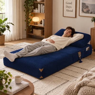 3-in-1 Convertible Corduroy Floor Sofa Bed with Side Pockets, 87L x 86W x 40H cm, Blue