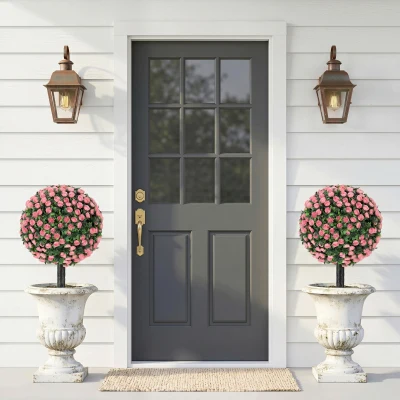 HOMCOM Artificial Rose Topiary 2-Pack UV Resistant 55cm Pink