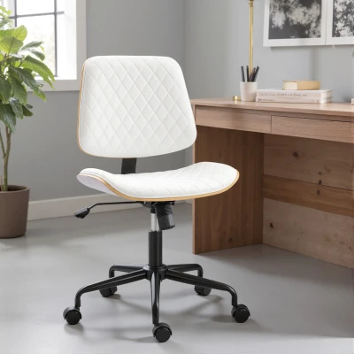 HOMCOM Cadeira de Escritório sem Braços Giratória Estofada em Couro Sintético com Encosto Curvado Assento em Forma de U Altura Ajustável Basculante 48,5x53x88-98 cm Branca