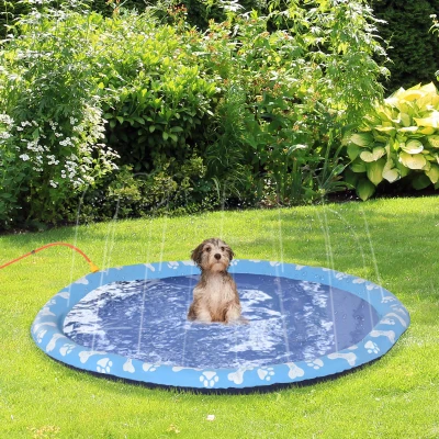 PawHut hondenbad, peuterbad, met watersproeier, rond, antislip, blauw, Ø150 cm