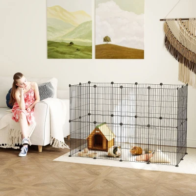PawHut Recinto Metálico para Animais com 24 Painéis Recinto para Animais Pequenos Personalizável 120x60x80 cm Preto