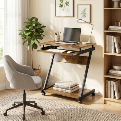 HOMCOM Movable Computer Desk with Wheels and Keyboard Tray