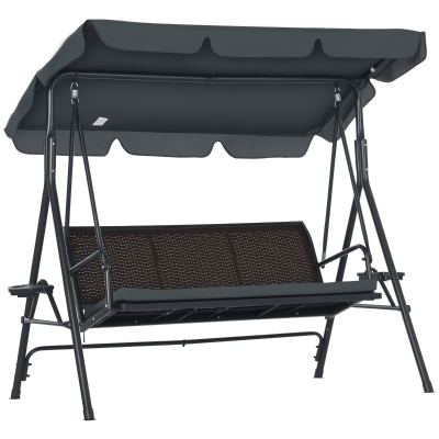 Outsunny Columpio de Jardín de 3 Plazas con Toldo Ajustable Portavasos y Bandejas Carga 320 kg 204x112x150 cm Gris
